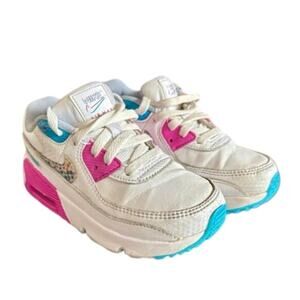 NIKE Air Max 90 LTR SE Leather Toddler White Pink Blue Girls 10C